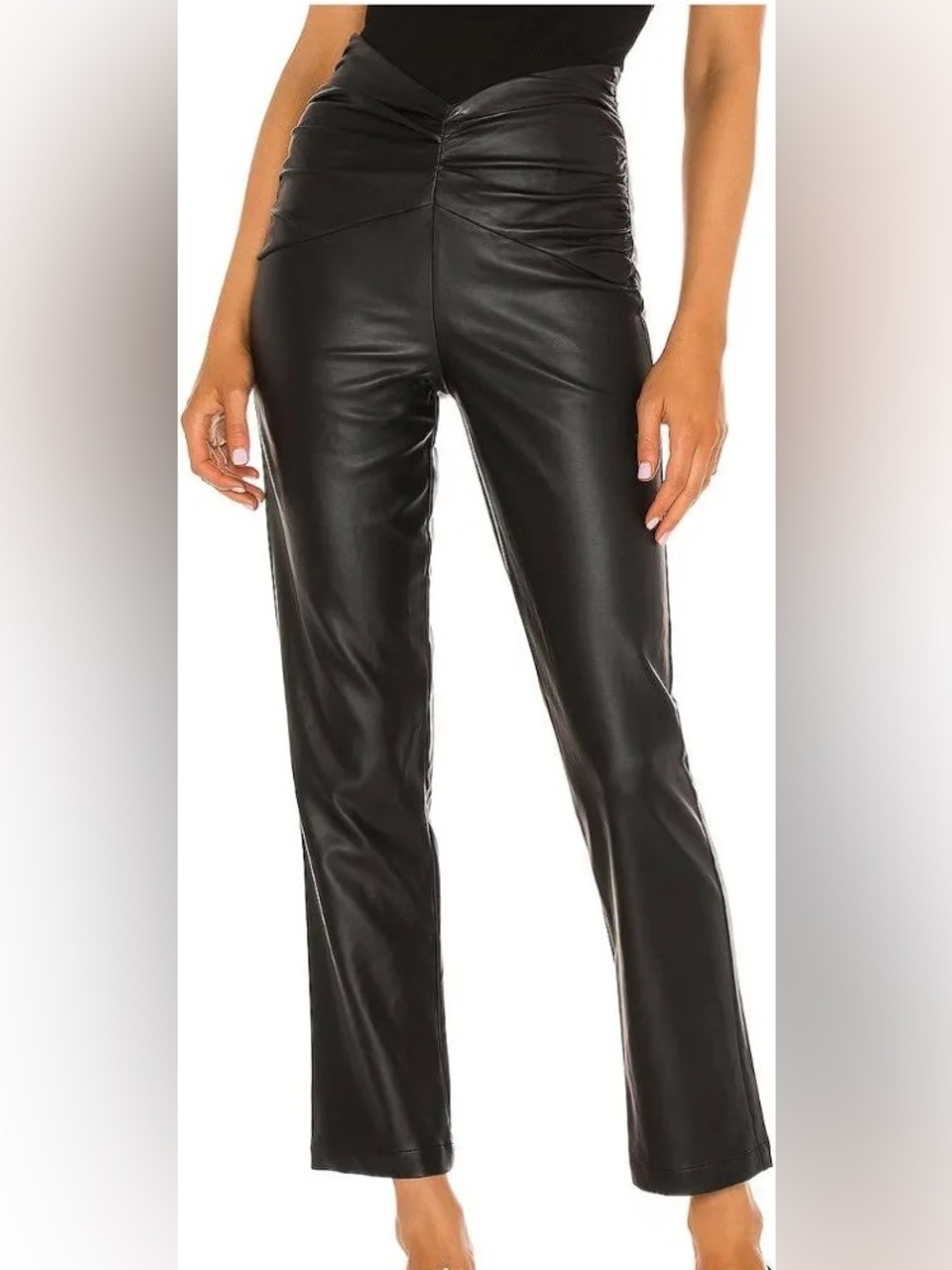 NBD Revolve | Sophia Pants Black Ruched V-Waist Faux Leather | Size M
